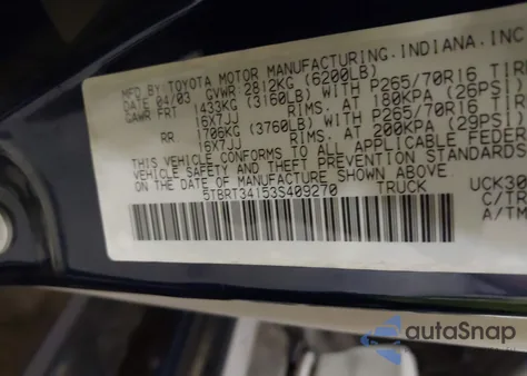 2003 Toyota Tundra Sr5 V8 from USA, damaged, VIN 5TBRT34153S409270